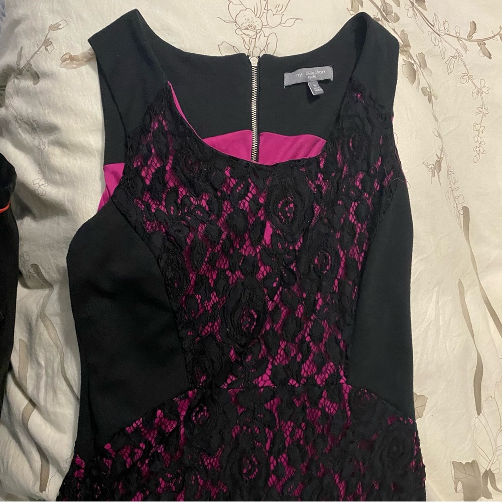 NY Collection Pink & Black Lace Overlay Dress